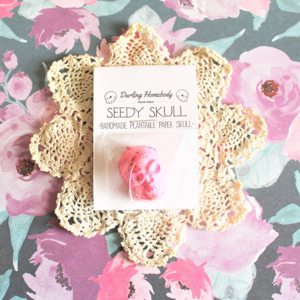 Single Hot Pink Plantable Paper Seedy Skull. Wildflowers