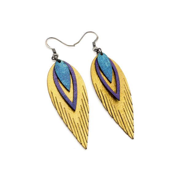 Nativas [3 Layer] // Leather Earrings - Gold, Purple, Turquoise
