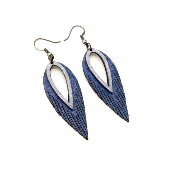 Nativas [2 Layer] // Leather Earrings - Blue, Silver