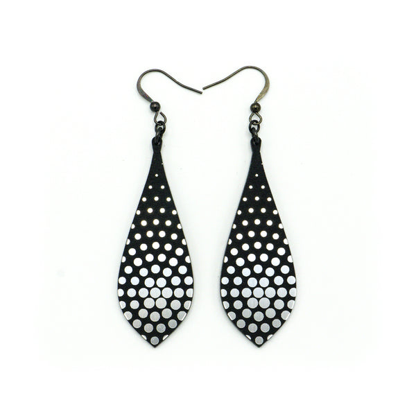 Slim Bevel Drops [03R_HalftoneBurst] // Acrylic Earrings - Brushed Silver, Black