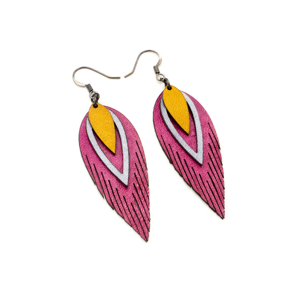 Nativas [3 Layer] // Leather Earrings - Fuchsia, Silver, Yellow