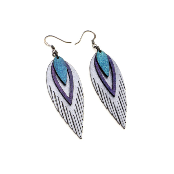 Nativas [3 Layer] // Leather Earrings - Silver, Purple, Turquoise