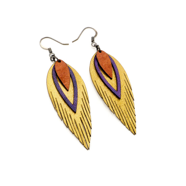 Nativas [3 Layer] // Leather Earrings - Gold, Purple, Red