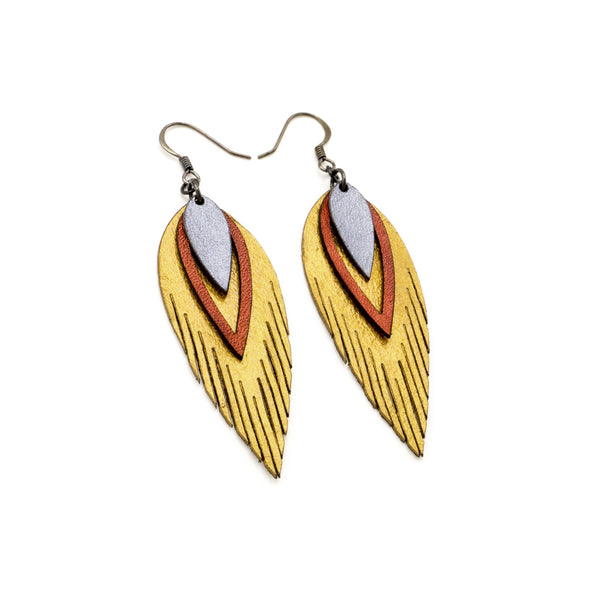 Nativas [3 Layer] // Leather Earrings - Gold, Red, Silver