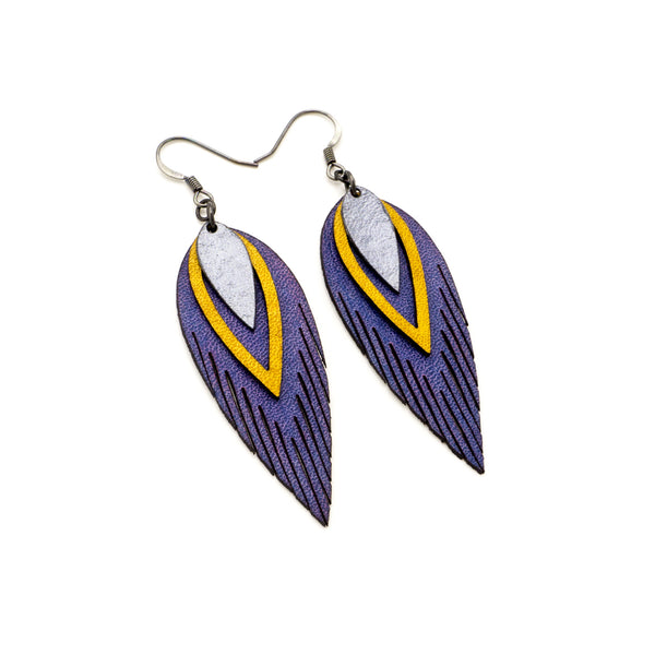 Nativas [3 Layer] // Leather Earrings - Purple, Yellow, Silver