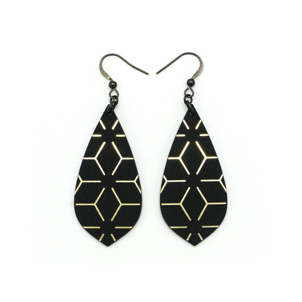 Gem Point [33R] // Acrylic Earrings - Brushed Gold, Black