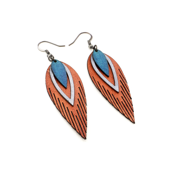 Nativas [3 Layer] // Leather Earrings - Orange, Silver, Turquoise