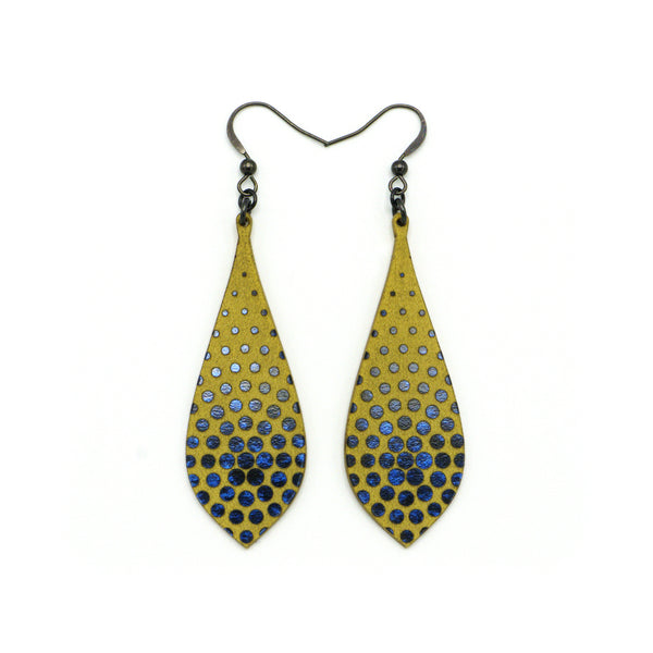 Slim Bevel Drops [03R_HalftoneBurst] // Acrylic Earrings - Celestial Blue, Gold