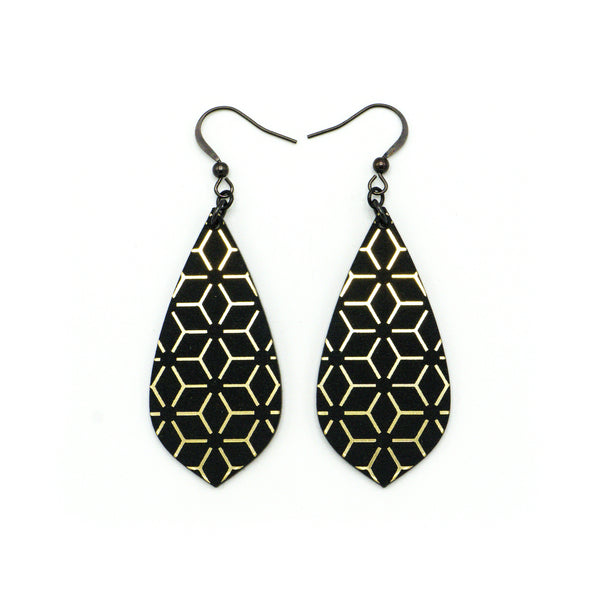 Gem Point [32R] // Acrylic Earrings - Brushed Gold, Black
