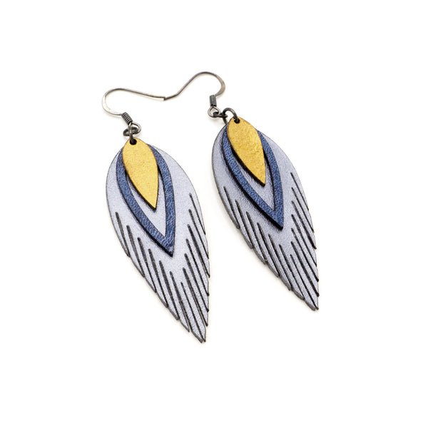 Nativas [3 Layer] // Leather Earrings - Silver, Blue, Gold