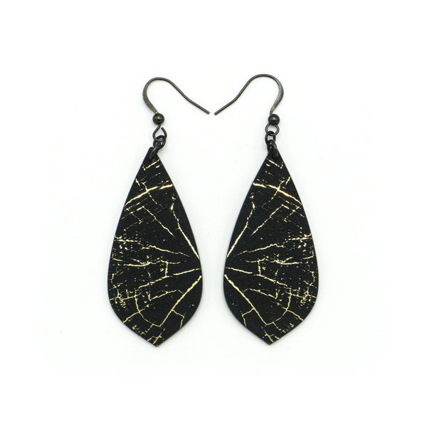Gem Point [44R] // Acrylic Earrings - Brushed Gold, Black