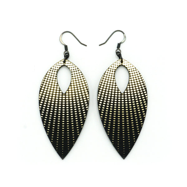 T7 [04R_HalftoneRays] // Acrylic Earrings - Brushed Gold, Black
