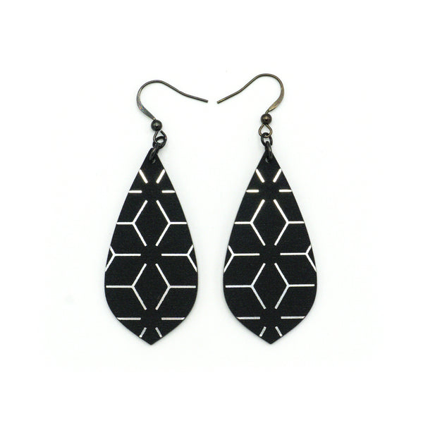 Gem Point [33R] // Acrylic Earrings - Brushed Silver, Black