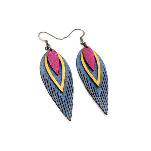 Nativas [3 Layer] // Leather Earrings - Blue, Gold, Fuchsia