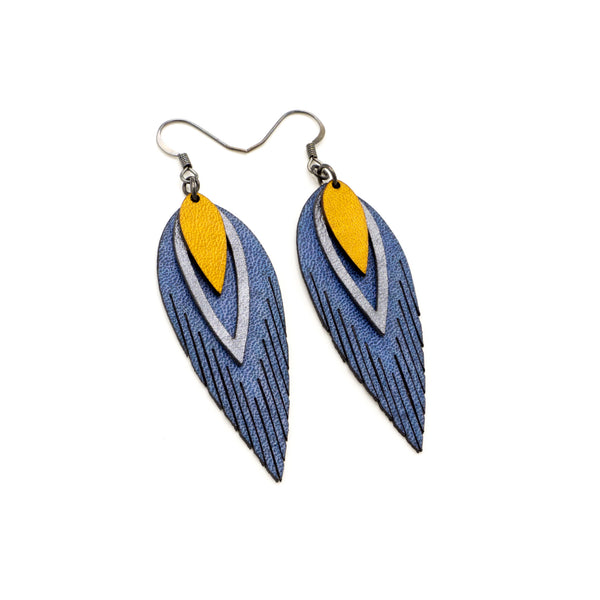 Nativas [3 Layer] // Leather Earrings - Blue, Silver, Yellow