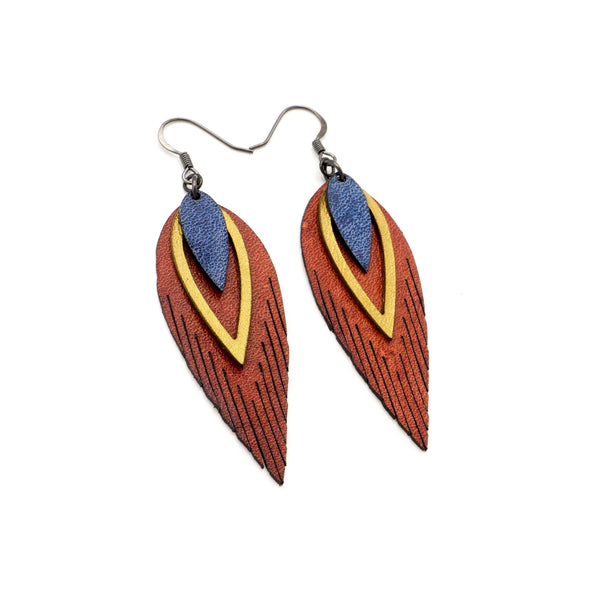 Nativas [3 Layer] // Leather Earrings - Red, Gold, Blue