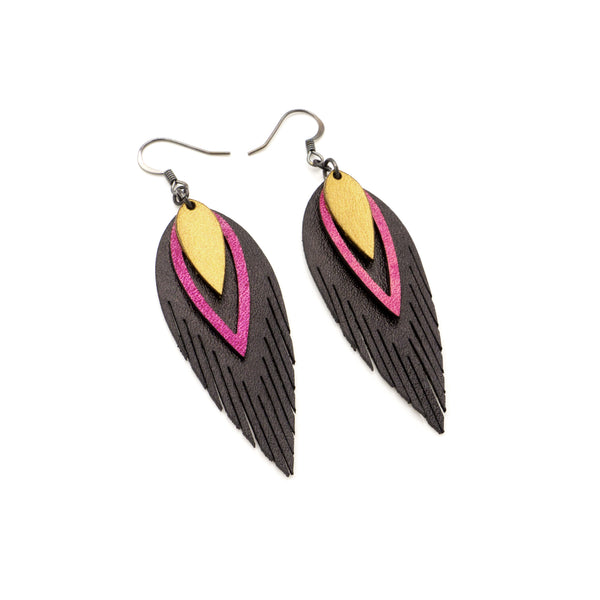 Nativas [3 Layer] // Leather Earrings - Black, Fuchsia, Gold