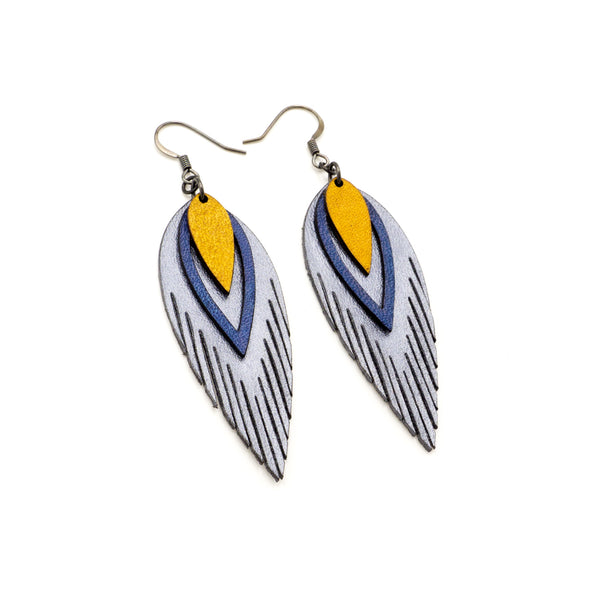 Nativas [3 Layer] // Leather Earrings - Silver, Blue, Yellow