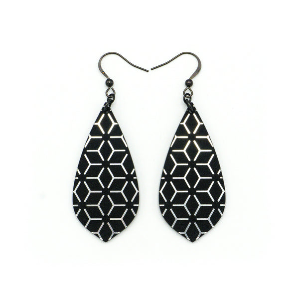 Gem Point [32R] // Acrylic Earrings - Brushed Silver, Black