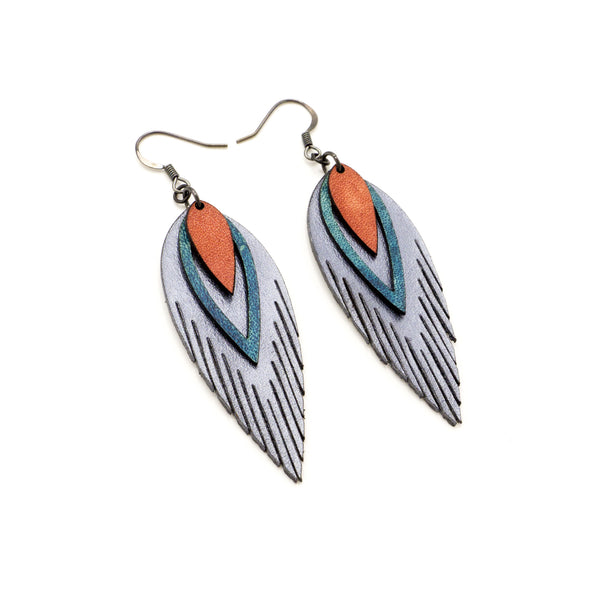 Nativas [3 Layer] // Leather Earrings - Silver, Turquoise, Orange