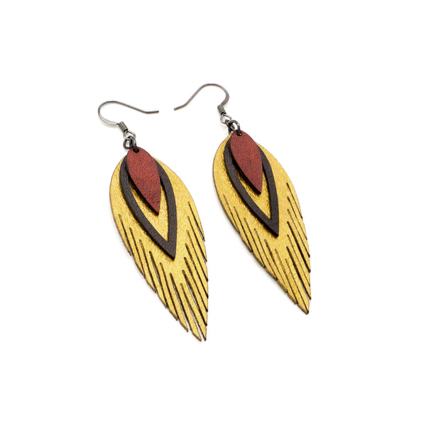 Nativas [3 Layer] // Leather Earrings - Gold, Black, Red