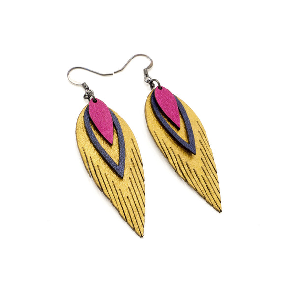 Nativas [3 Layer] // Leather Earrings - Gold, Blue, Fuchsia