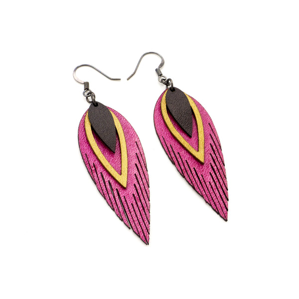 Nativas [3 Layer] // Leather Earrings - Fuchsia, Gold, Black