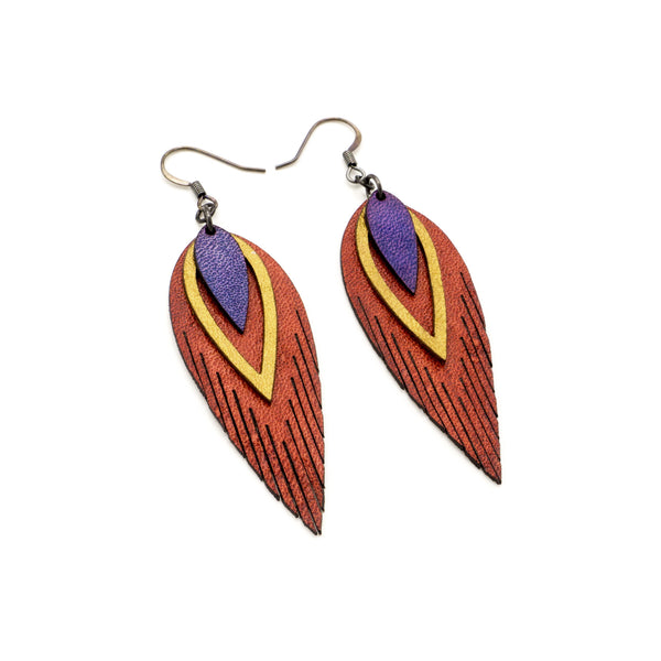 Nativas [3 Layer] // Leather Earrings - Red, Gold, Purple