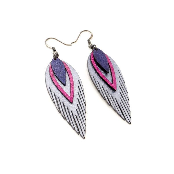 Nativas [3 Layer] // Leather Earrings - Silver, Fuchsia, Purple