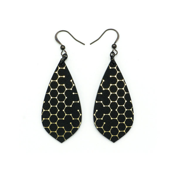 Gem Point [03R] // Acrylic Earrings - Brushed Gold, Black