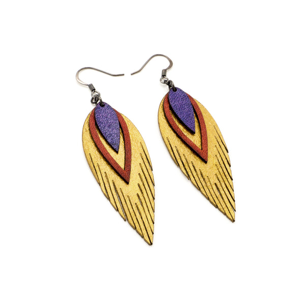 Nativas [3 Layer] // Leather Earrings - Gold, Red, Purple