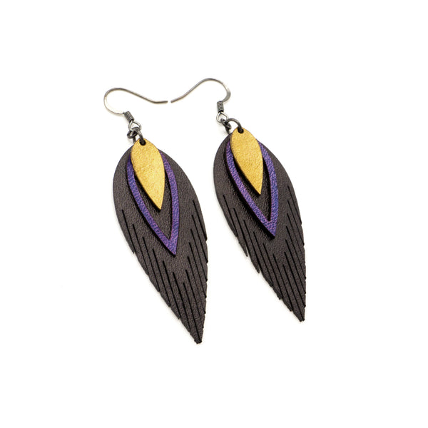 Nativas [3 Layer] // Leather Earrings - Black, Purple, Gold