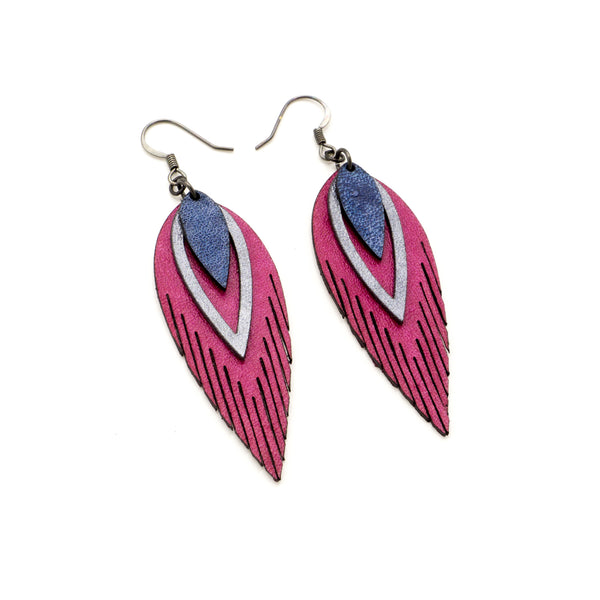 Nativas [3 Layer] // Leather Earrings - Fuchsia, Silver, Blue