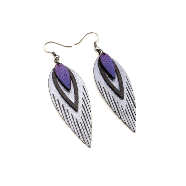 Nativas [3 Layer] // Leather Earrings - Silver, Black, Purple