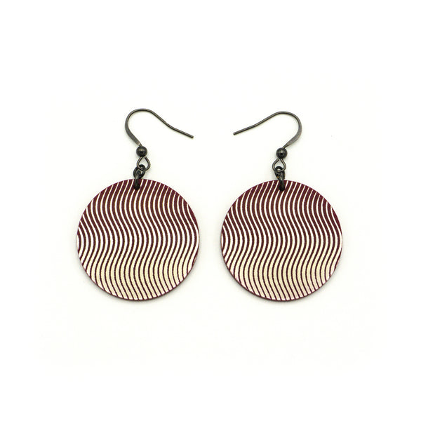 Circles 'Wavy Lines' // Acrylic Earrings - Brushed Nickel, Burgundy