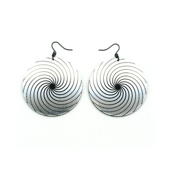 Large Circles 'Spirals' // Acrylic Earrings - Brushed Silver, Black
