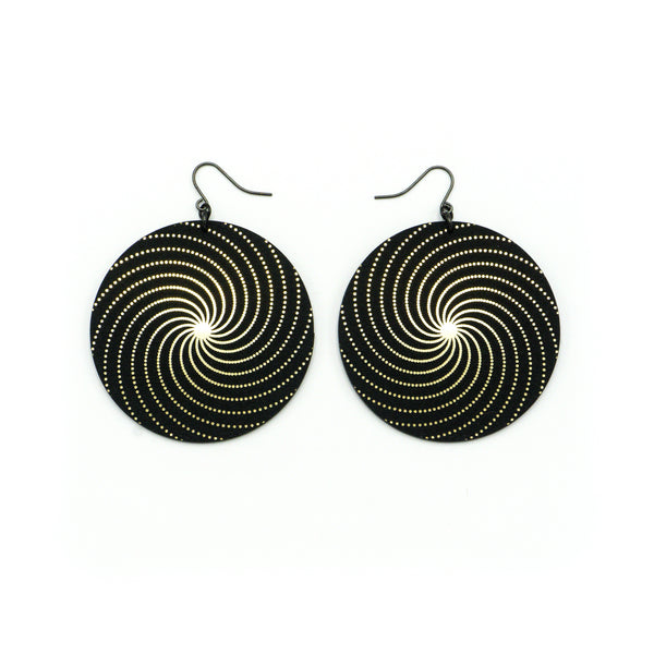 Large Circles 'Spirals (R)' // Acrylic Earrings - Brushed Gold, Black