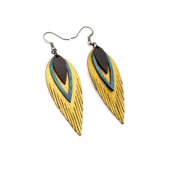 Nativas [3 Layer] // Leather Earrings - Gold, Turquoise, Black