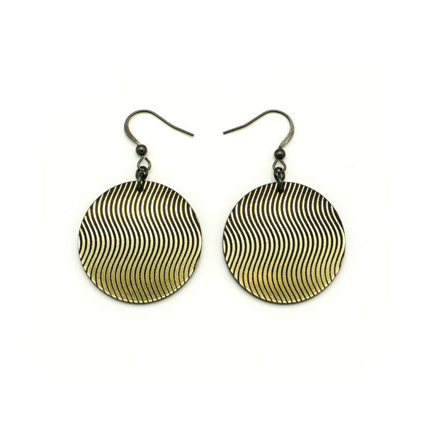 Circles 'Wavy Lines' // Acrylic Earrings - Brushed Gold, Black