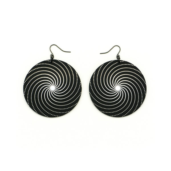 Large Circles 'Spirals (R)' // Acrylic Earrings - Brushed Silver, Black