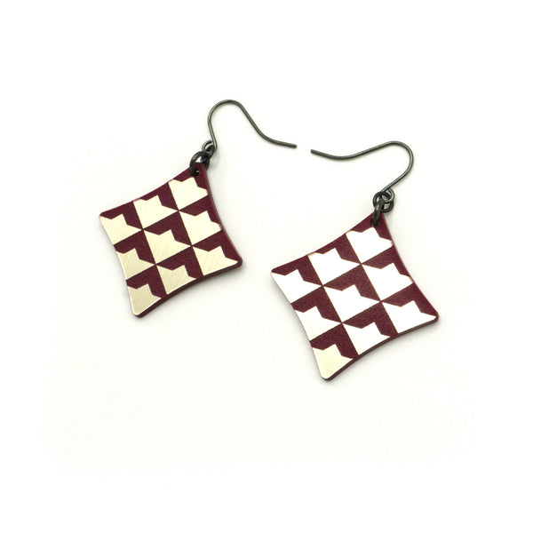 Concave Diamond [2] // Acrylic Earrings - Brushed Nickel, Burgundy