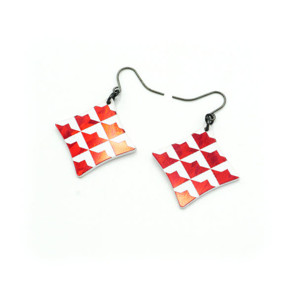 Concave Diamond [2] // Acrylic Earrings - Red Holograph, White