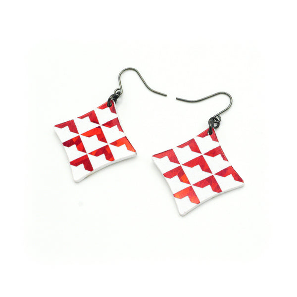 Concave Diamond [2R] // Acrylic Earrings - Red Holograph, White