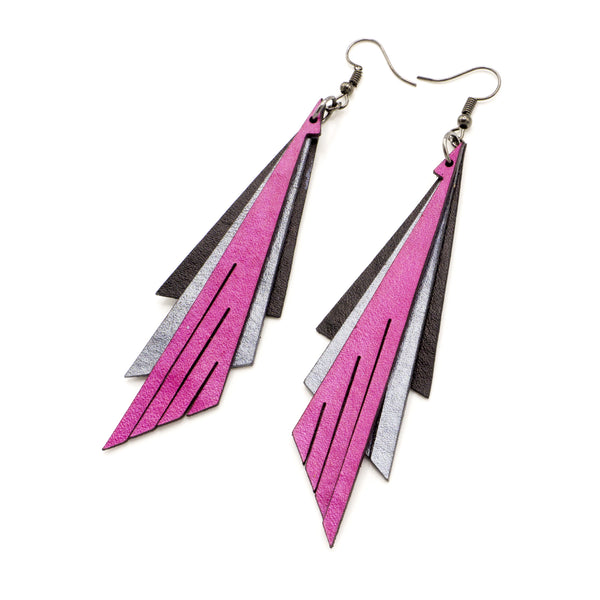 Aktivei Leather Earrings // Black, Silver, Fuchsia Pearl