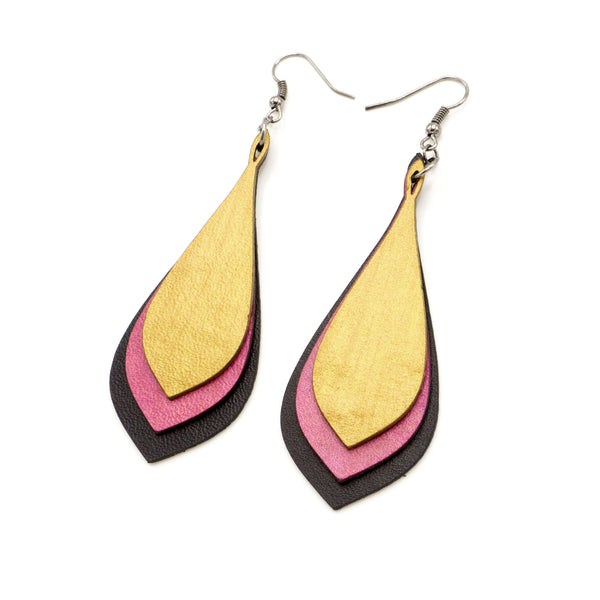 Kireina Leather Earrings // Black, Fuchsia Pearl, Gold