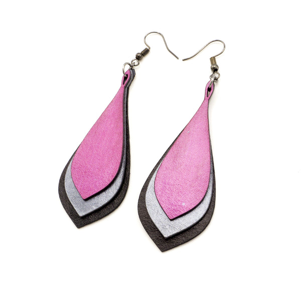 Kireina Leather Earrings // Black, Silver, Fuchsia Pearl