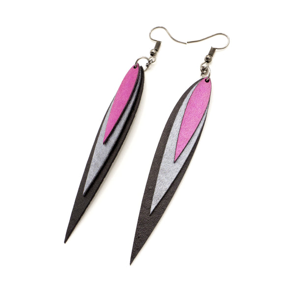Achara Leather Earrings // Black, Silver, Fuchsia Pearl