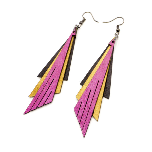 Aktivei Leather Earrings // Black, Gold, Fuchsia Pearl