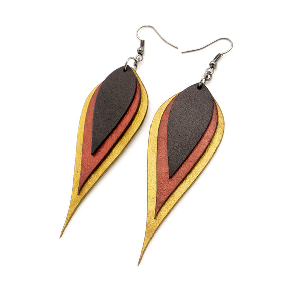 Airos Leather Earrings // Gold, Red Pearl, Black