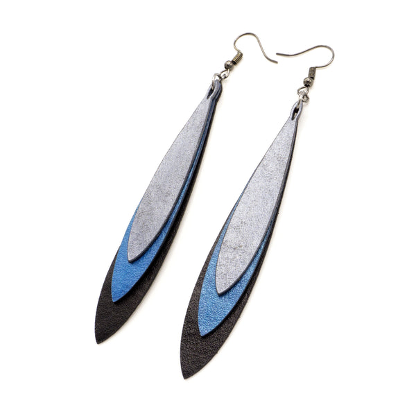 Hydraezen Leather Earrings // Black, Blue Pearl, Silver